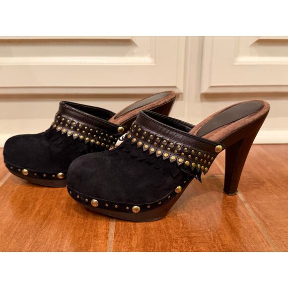 Isabella Fiore Black Suede Fringe Studded Wooden Heels Women’s Size 8 - Picture 13 of 14